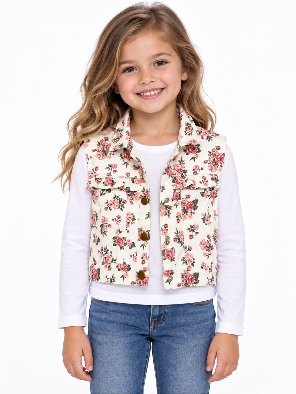 Little Lass Girls 6 Pink Rose Floral Denim Vest | Ruffle Snap Front